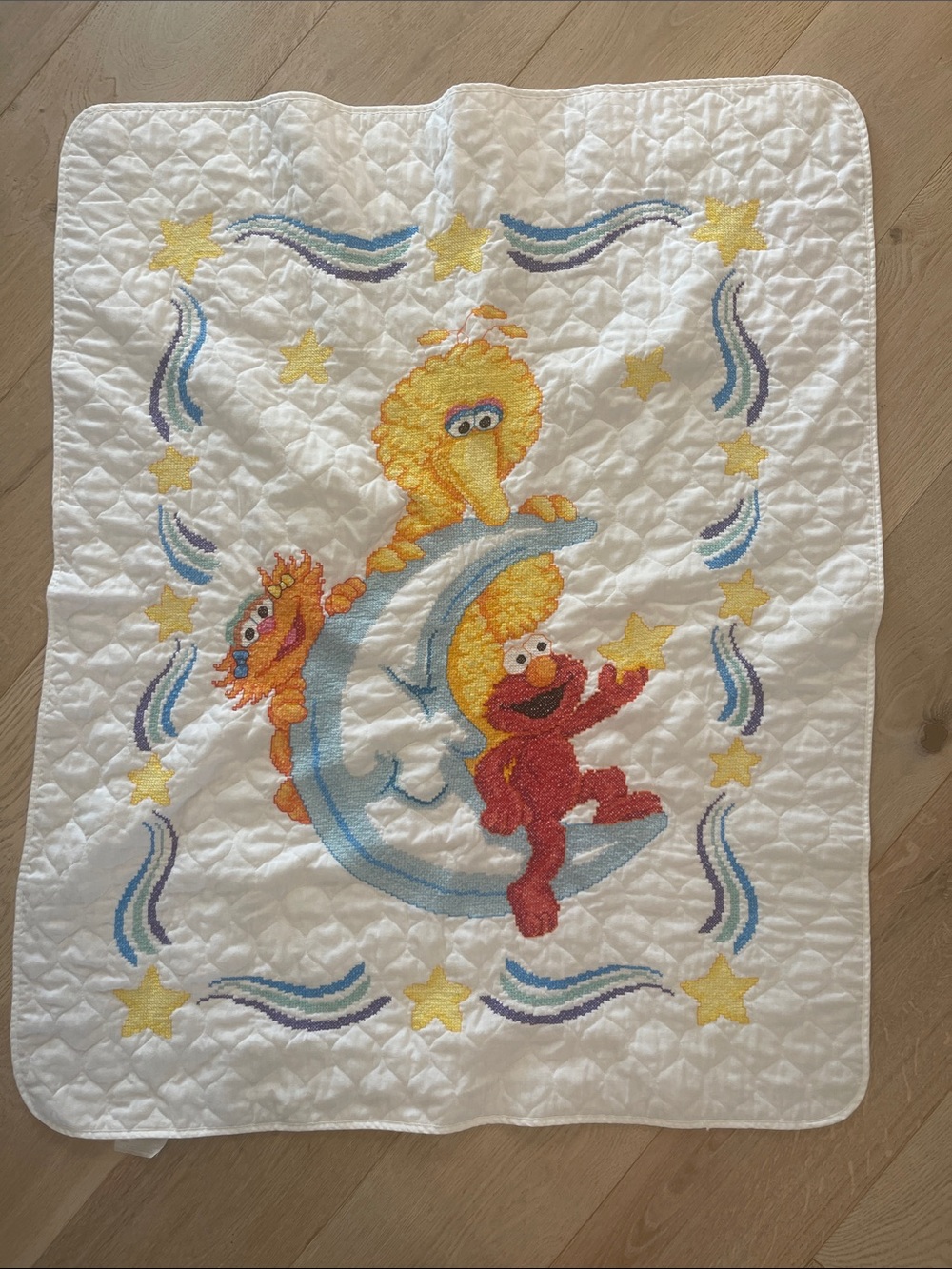 VINTAGE JANLYNN Sesame Street Star Gazers stamped cross stitch crib blanket